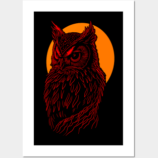 Red Owl design in front of orange full moon. Posters and Art